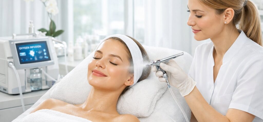 Kosmetyczka przeprowadzająca zabieg infuzji tlenowej, na łóżku leżąca młoda osoba klientka,