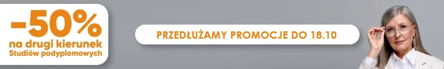 Studia podyplomowe promocja przedłużona do 18.10.2026, na zdjęciu napis -50% i kobieta